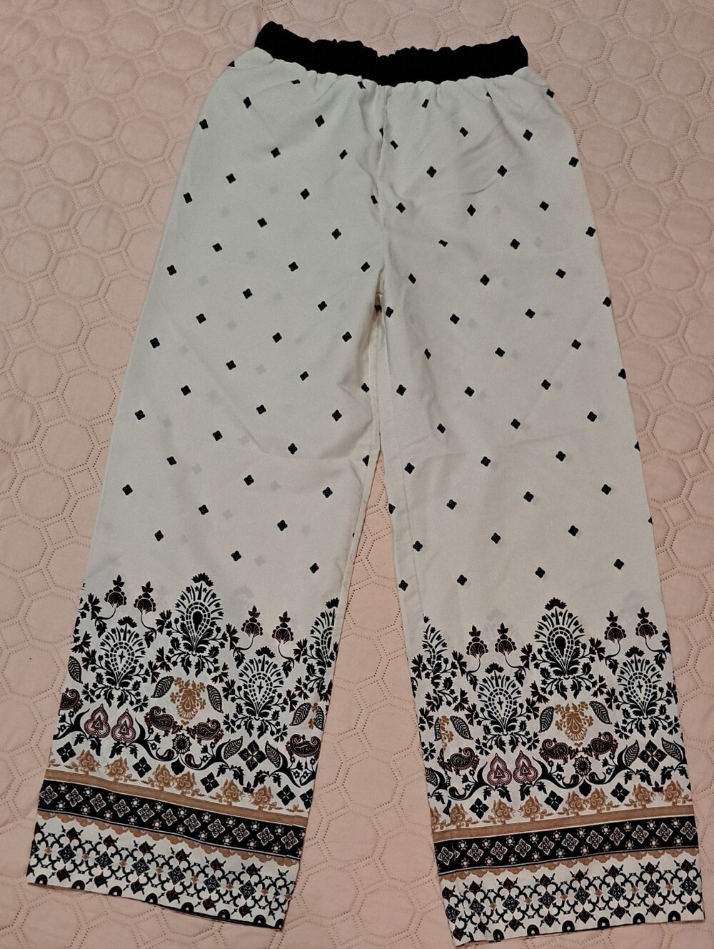 Sublevel White Wide Leg Boho Print Pants with Black Waistband Sz XS